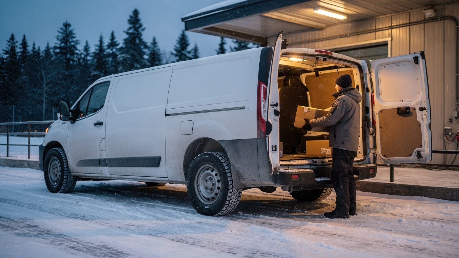 A driver in a winter jacket and toque loads a cardboard box into a white delivery van at a snowy depot loading=