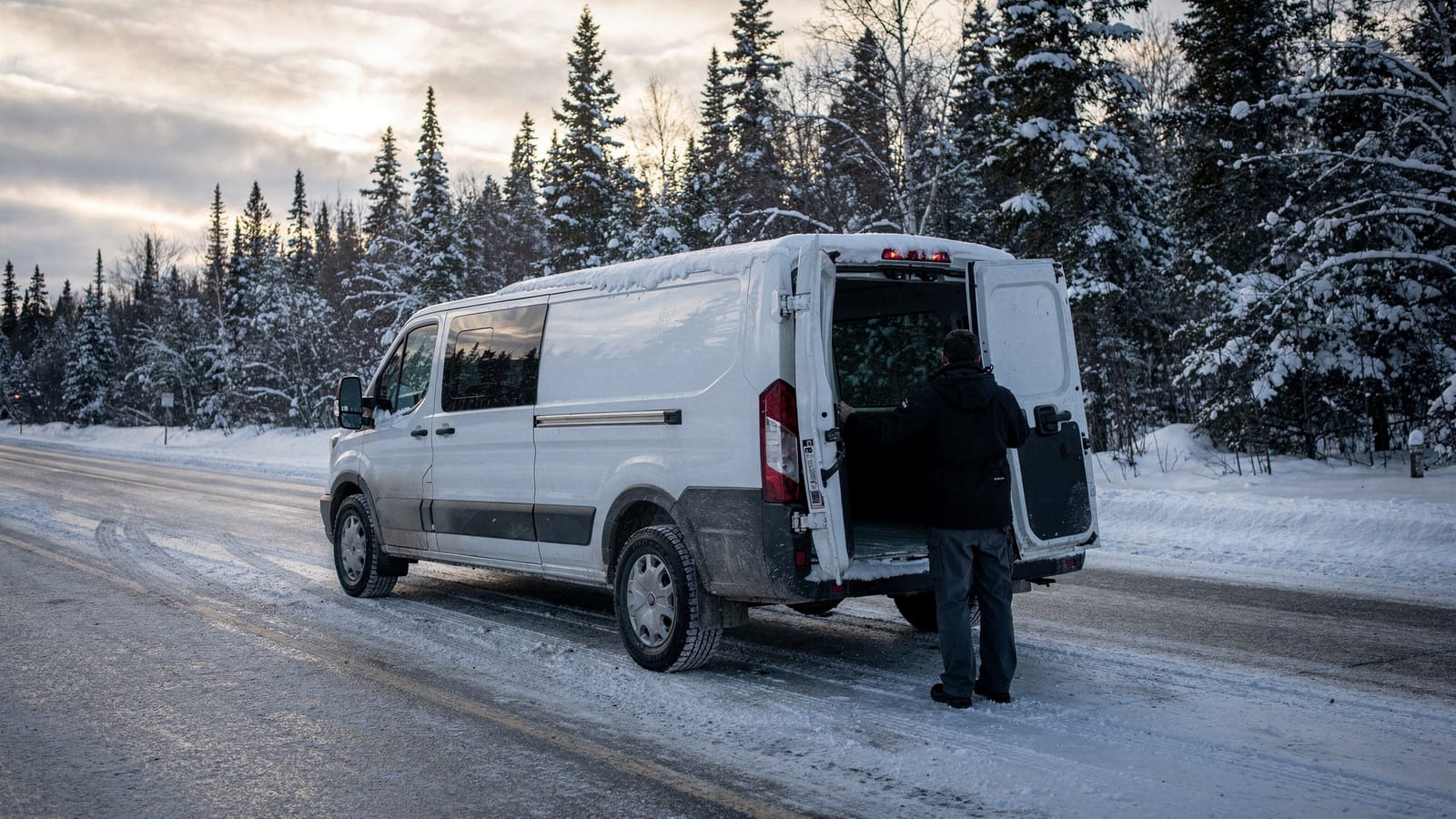 A white delivery van parked on a snowy highway shoulder beside snow-covered spruce forest at dusk, a driver in a dark jacket at its open rear doors.