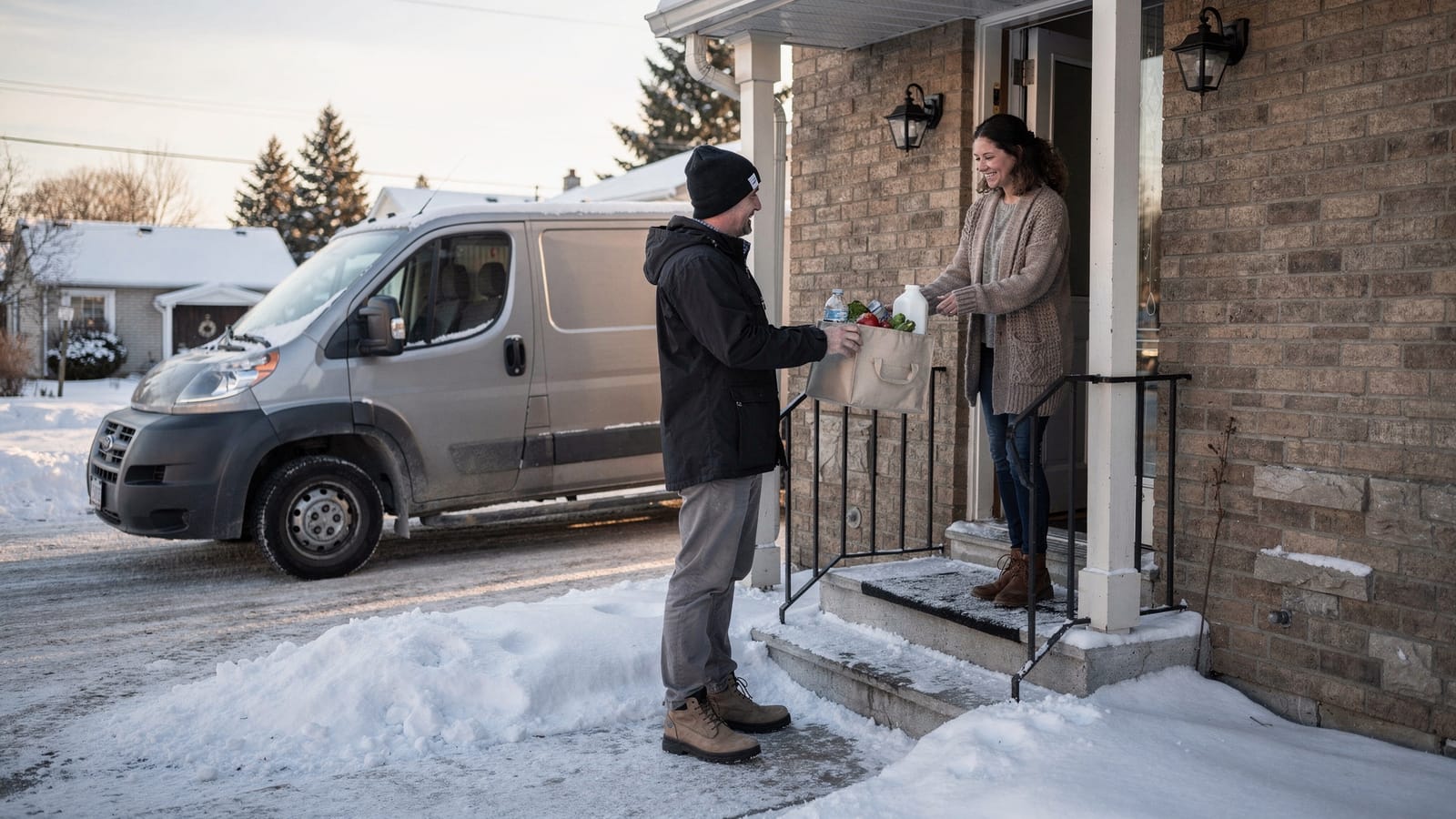 A delivery driver in a winter jacket hands a grocery bag to a smiling woman at the door of a snowy brick home, van parked behind.