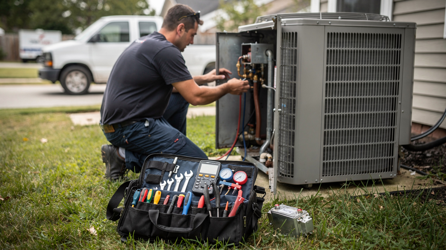 A technician kneels on a lawn beside an outdoor air-conditioning unit, working inside its open service panel with a toolbag of wrenches and gauges nearby.
