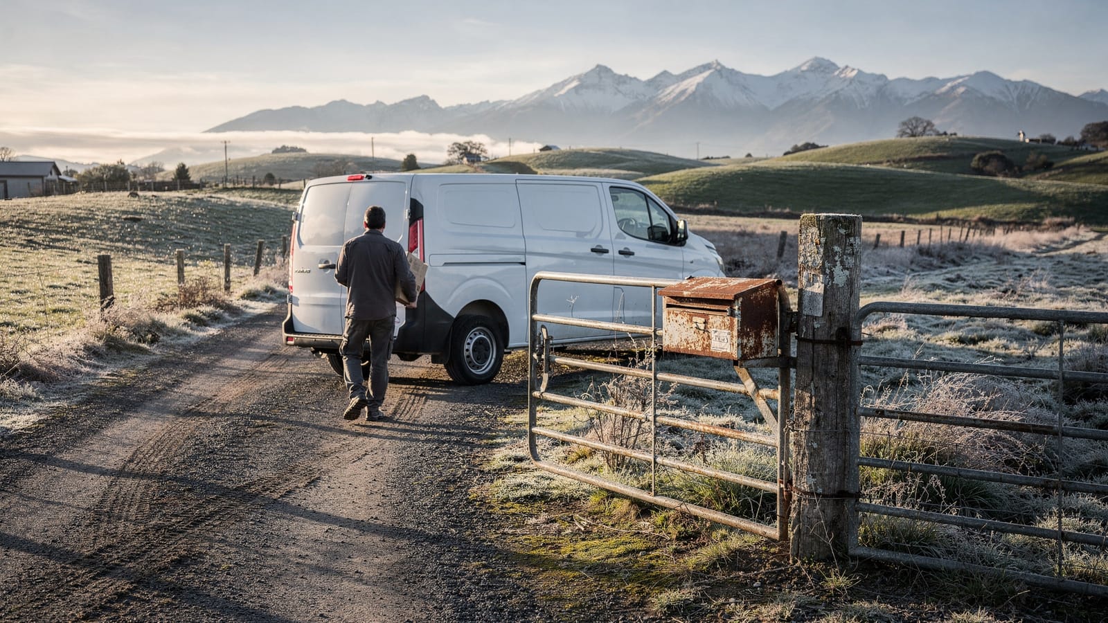A delivery driver carries a parcel past a white van towards a rusty farm gate and mailbox on a frosty gravel road below snow-capped mountains.