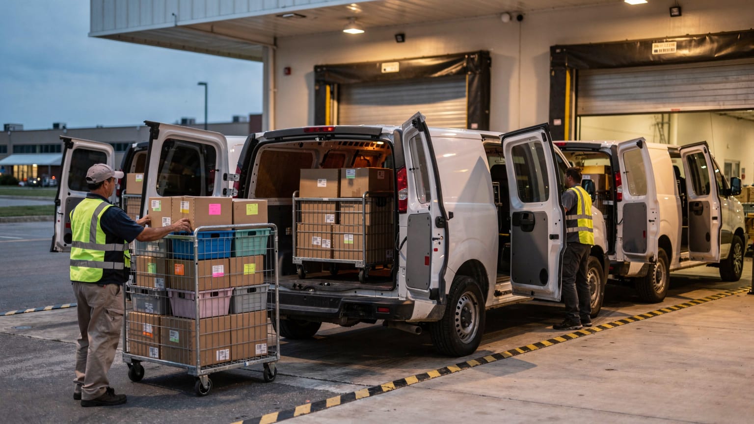 A depot loading area at dawn where workers in high-visibility vests load cages of sorted parcels into white delivery vans with open rear doors.